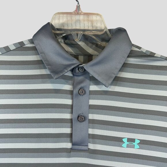 Under Armour Grey Striped Polo Shirt Coldblack UV Protection Loose Fit Mens XL - Picture 3 of 10